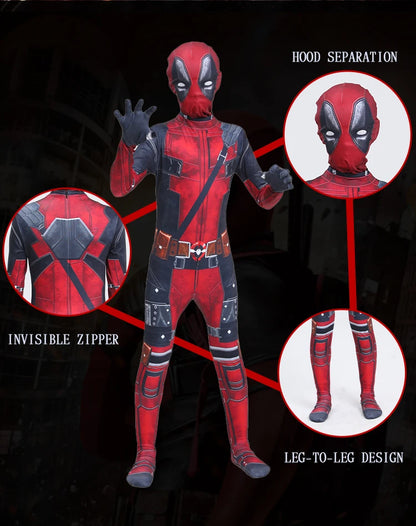 Deadpool Cosplay Costume for Kids – Superhero Roleplay Outfit with Headgear & Gloves, Halloween Party Suit