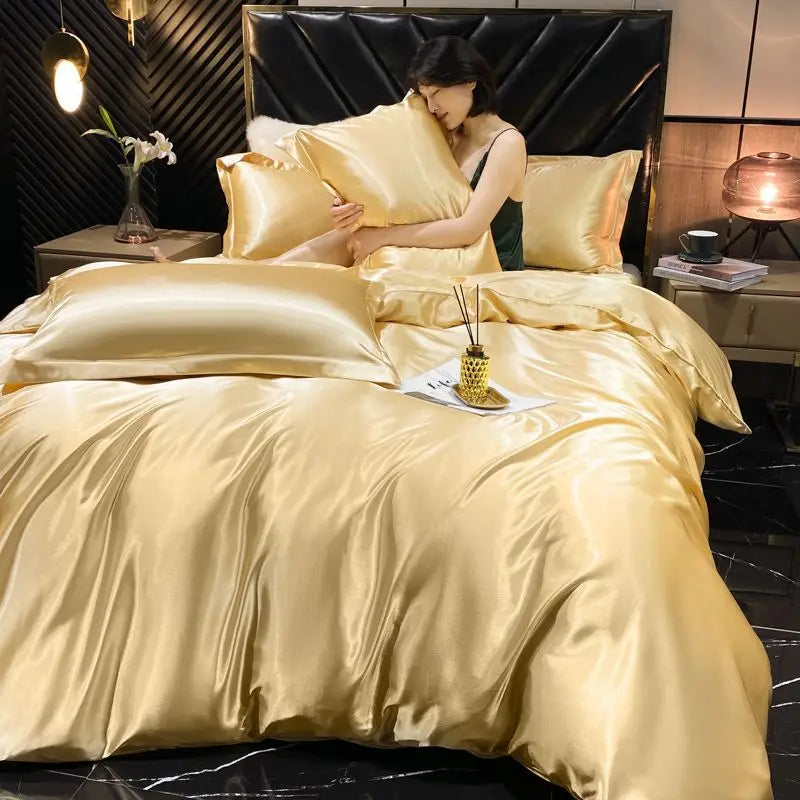 Solid Rayon Silk Bedding Set - Luxury Satin Duvet Cover Bed Sheet Pillowcase Set For King Single Double Couple Beds