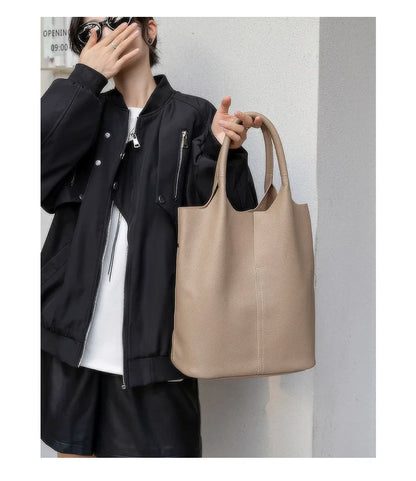 Genuine Leather Women’s Commuter Tote Bag — Soft Cowhide Shoulder Handbag, Large Capacity Bucket Bag, 2025 New