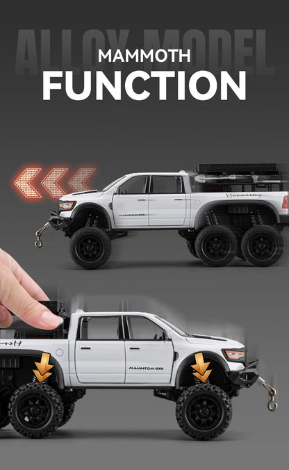 1:24 Dodge Mammoth RAM 1000 TRX 6x6 Diecast Model – Metal Alloy Pickup Toy Car with Lights for Kids & Collectors