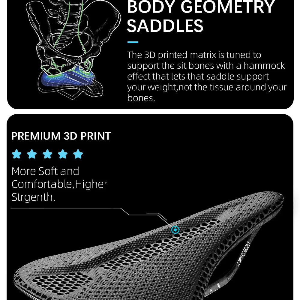 RYET Ultra Full Carbon 3D Printed Bike Saddle — 145mm Lightweight MTB Seat with High Modulus Carbon Fiber Base