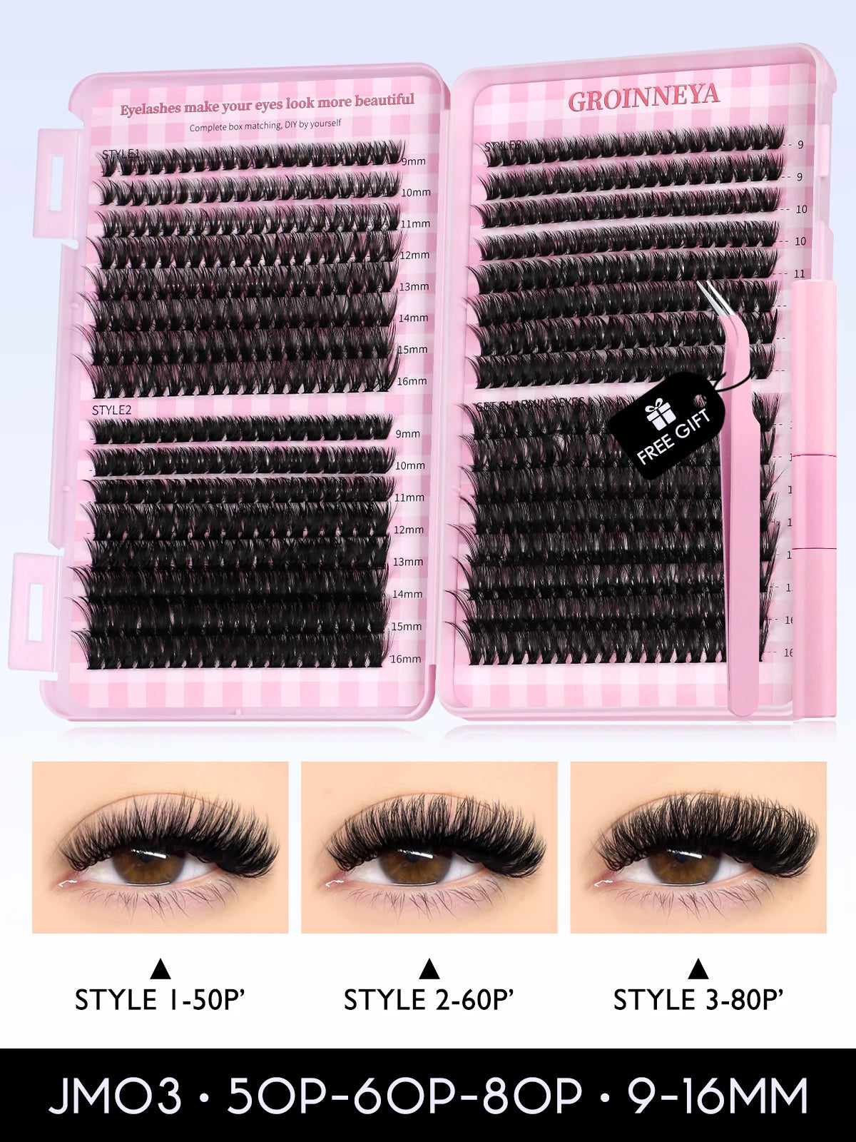 GROINNEYA Cat Lash Clusters Kit – 640pcs with Lash Bond & Seal, DIY Eyelash Extensions for Home Use