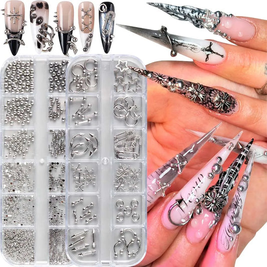 12-Grid Gothic Nail Charms - Silver Punk Metal Studs Rivets Y2K Grunge DIY Nail Art Decorations
