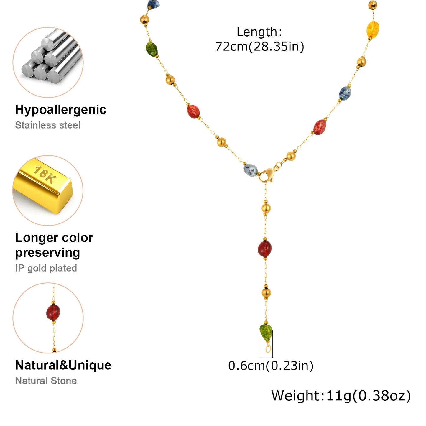 Colorful Rainbow Stone Boho Necklace - Stainless Steel Beaded Y-Shaped Chain Jewelry for Women’s Fashion Style