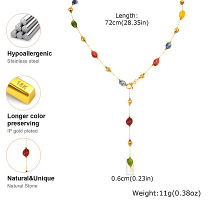 Colorful Rainbow Stone Boho Necklace - Stainless Steel Beaded Y-Shaped Chain Jewelry for Women’s Fashion Style