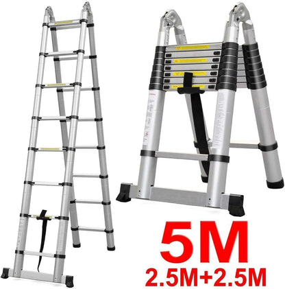16.5FT (5M) Telescopic Aluminium Ladder – Extendable Folding Ladder with Non-Slip Steps, 150kg Load Capacity
