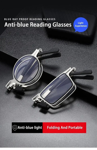 Unisex Folding Reading Glasses – Full Metal Frame, Transparent Lenses, Anti-Blue Light with Case