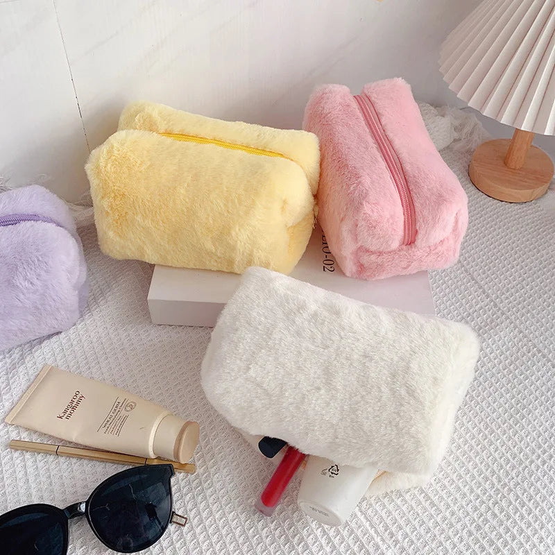 Solid Fur Cosmetic Storage Bag – Large Women’s Zipper Makeup Organizer Handbag, Stationery & Travel Toiletry Case