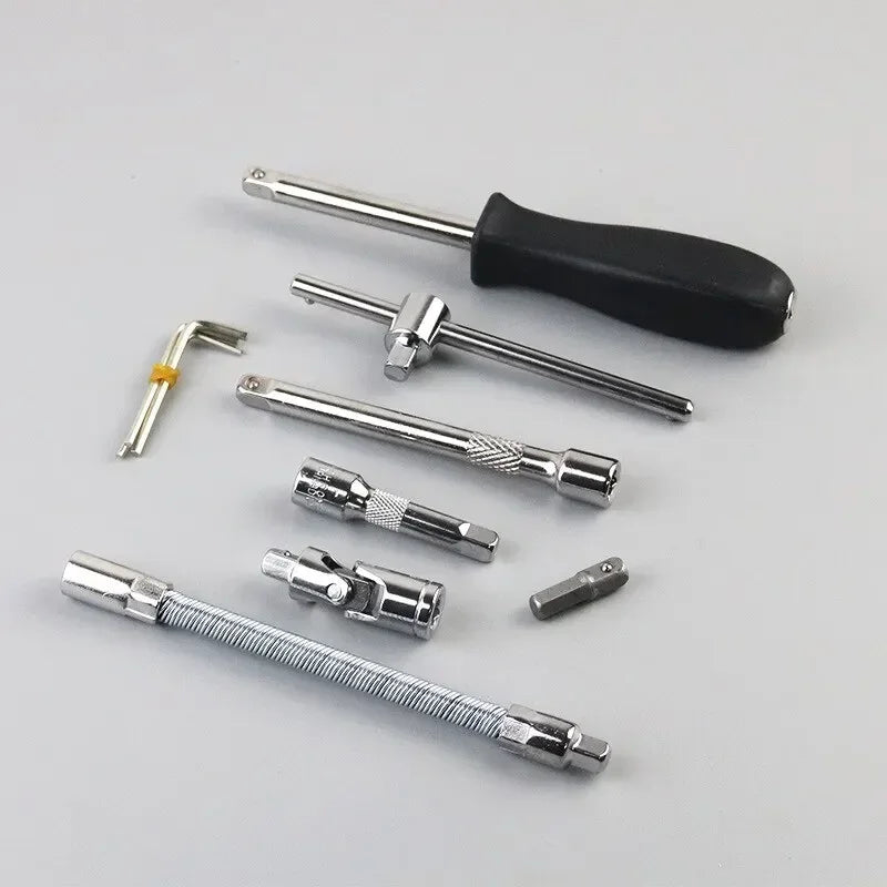 46-Piece Car Repair Tool Kit – 1/4 Inch Socket Set with Ratchet, Torque Wrench & Pry Tools for Auto Maintenance