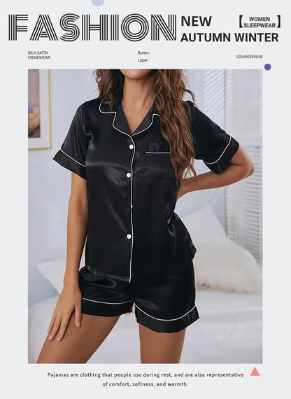 Women's Satin Pajamas Set – Summer Two-Piece Sleepwear with Button-Down Top and Shorts, Comfortable Nightwear Loungewear