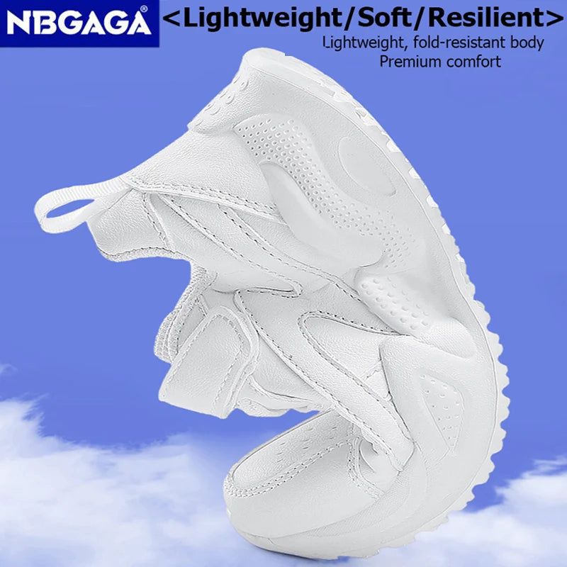 White Kids Leather Casual Shoes — Boys & Girls Outdoor Running Sneakers, Breathable Mesh, Non-Slip School Walking Sport Shoes
