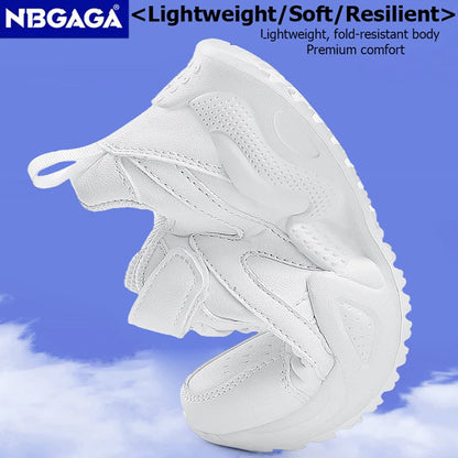 White Kids Leather Casual Shoes — Boys & Girls Outdoor Running Sneakers, Breathable Mesh, Non-Slip School Walking Sport Shoes