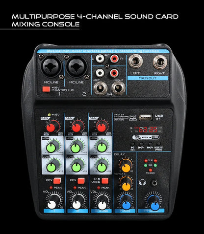 4 Channel DJ Mixer Console – Bluetooth, 48V Phantom Power, USB Audio Interface for Monitor & Karaoke System