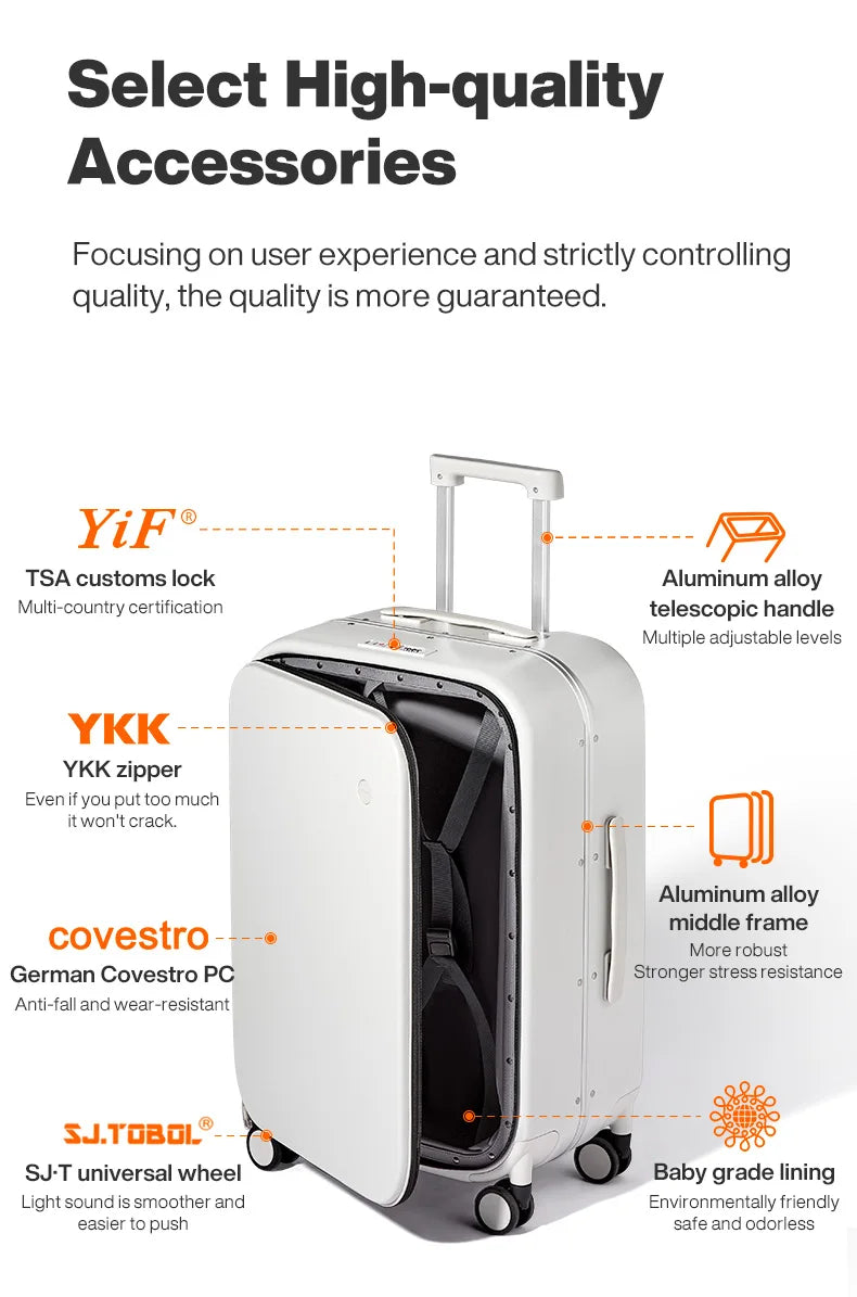 Mixi PC Aluminum Frame Suitcase — Front-Opening Rolling Travel Luggage, 20", 24" & 26" Carry-On M9291