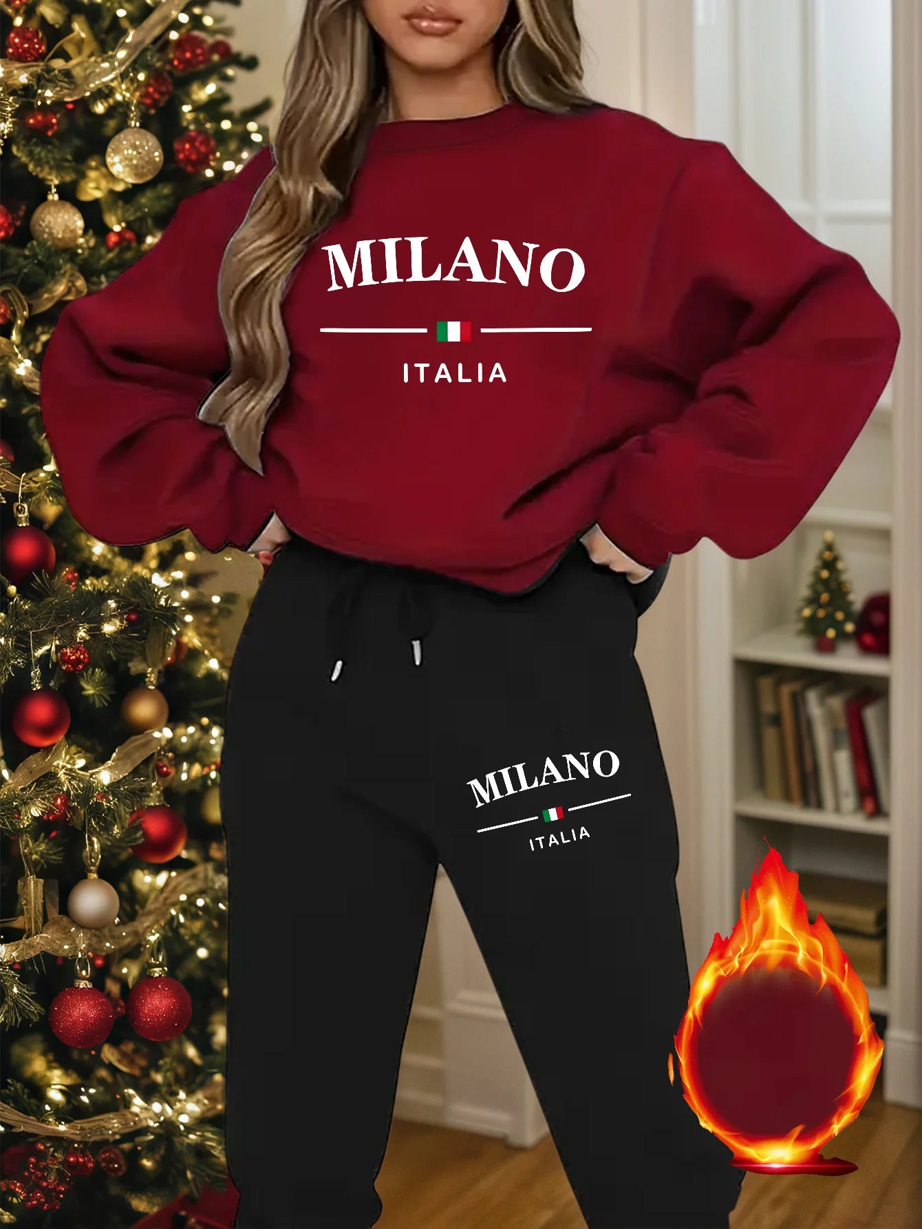Women's Milano Italia 2-Piece Winter Set - Plush Warm Hooded Sweatshirt & Sports Pants Outfit