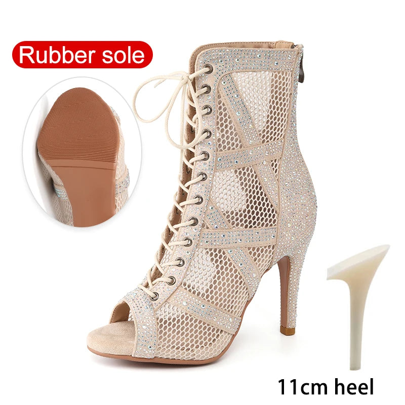 Women’s Rhinestone Latin Dance Boots - Shiny Jazz Dance Shoes with Slim High Heels