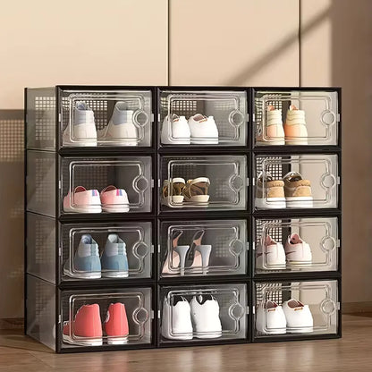 6/12/24PCS Transparent Shoe Boxes – Foldable, Stackable Plastic Shoe Storage Rack with Thick Tape Cover, Space-Saving Organizer