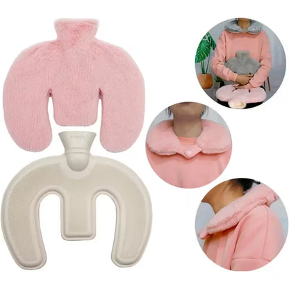 U-Shaped Hot Water Bottle Neck Wrap - Reusable Plush Heating Bag with Hand Pockets for Winter Warmth and Comfort