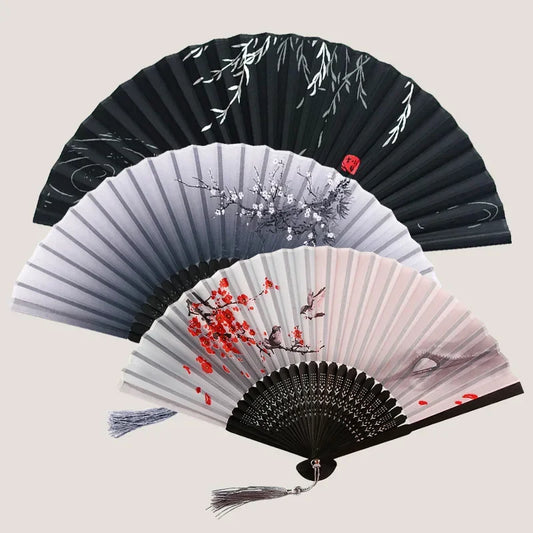 Chinese Japanese Silk Folding Fan with Wooden Shank - High-Quality Tassel Elegance for Home Decoration and Classical Dance