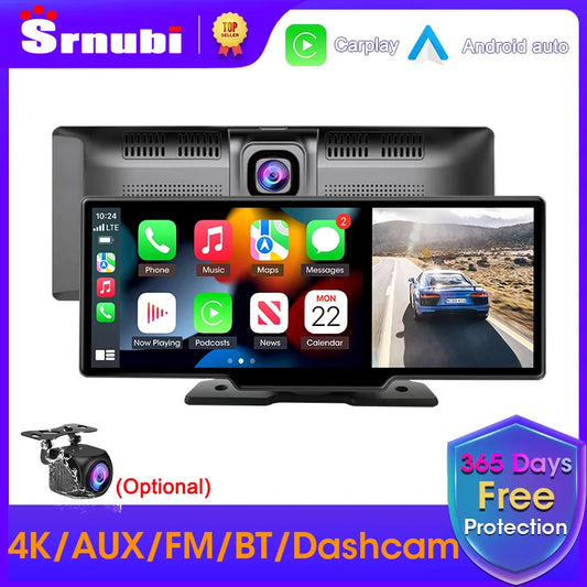 Srnubi 10.26 Inch Dash Cam Rearview Mirror - CarPlay & Android Auto DVR with GPS Navigation, Video Dashboard Monitor