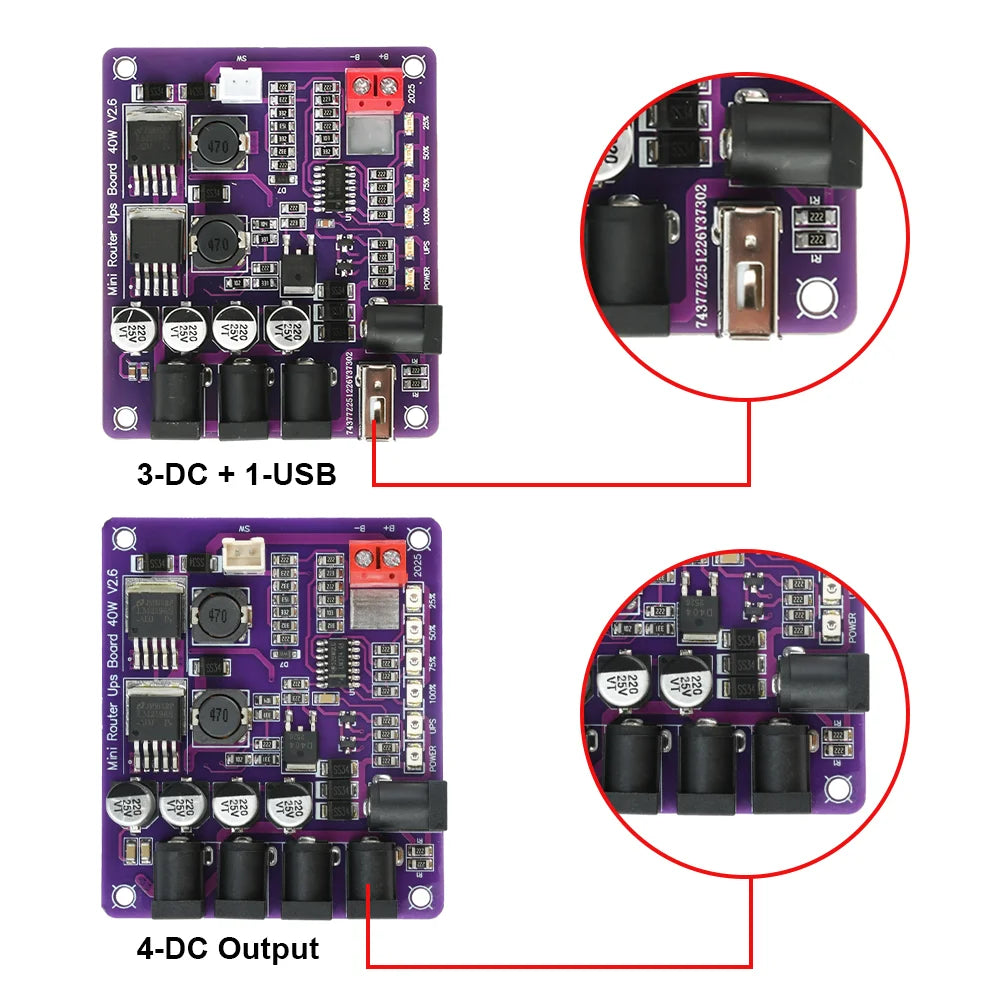 40W Mini Router UPS Board - 5V 9V 12V 4-Channel Output Battery Charging Module for Uninterruptible Power Supply