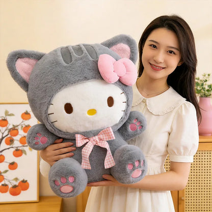 Cute Grey Cat Hello Kitty Plush Doll - Checkered Bow Stuffed Toy, Soft Pillow & Home Decoration Gift, 20–60 cm