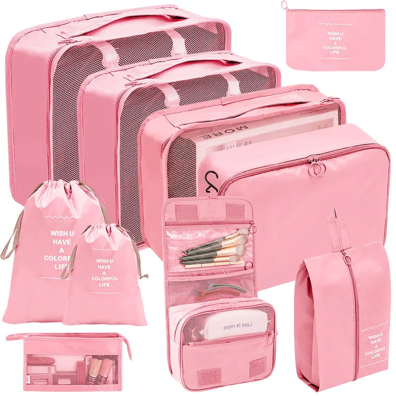 7/8/9/10-Piece Travel Organizer Storage Bags Set - Portable Wardrobe Packing Cubes for Suitcase, Luggage, Clothes, Shoes, Pouch Foldable Design