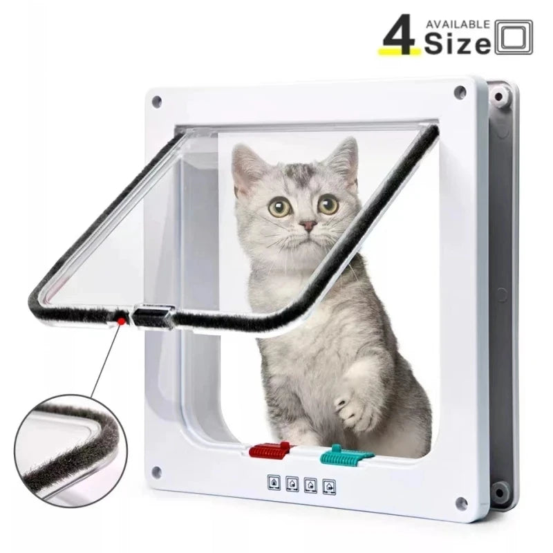 4 Way Security Lock Cat Flap Door: Controllable Switch, Transparent ABS Plastic Gate - Puppy Kitten Safety In&Out Pet Doors Kit