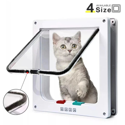 4 Way Security Lock Cat Flap Door: Controllable Switch, Transparent ABS Plastic Gate - Puppy Kitten Safety In&Out Pet Doors Kit