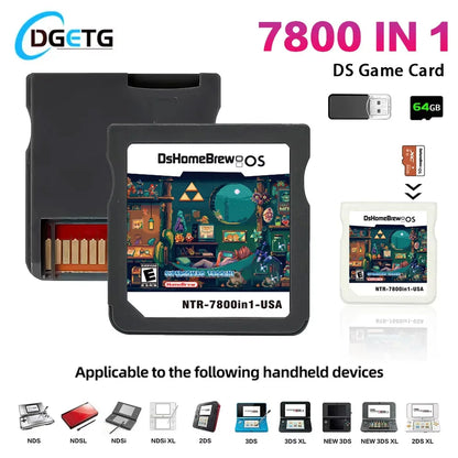 DS 7800-in-1 Game Card SDHC Adapter - 64GB TF Memory Card for NDS NDSL 3DS XL 2DS XL Consoles