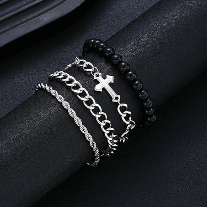 4-Piece Stainless Steel Bracelet Set - Punk Cross Bead Chain Bracelets for Men & Women