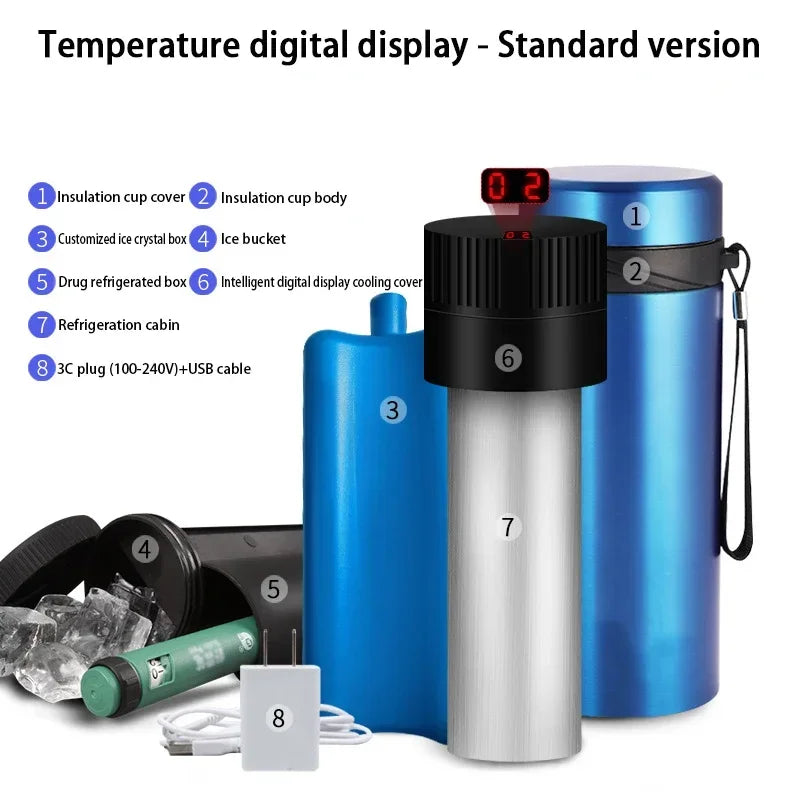 LCD Insulin Cooler Flask – Portable Outdoor Mini Vacuum Refrigerator for Medicine and Beverage Storage, Drug Cooler Fridge
