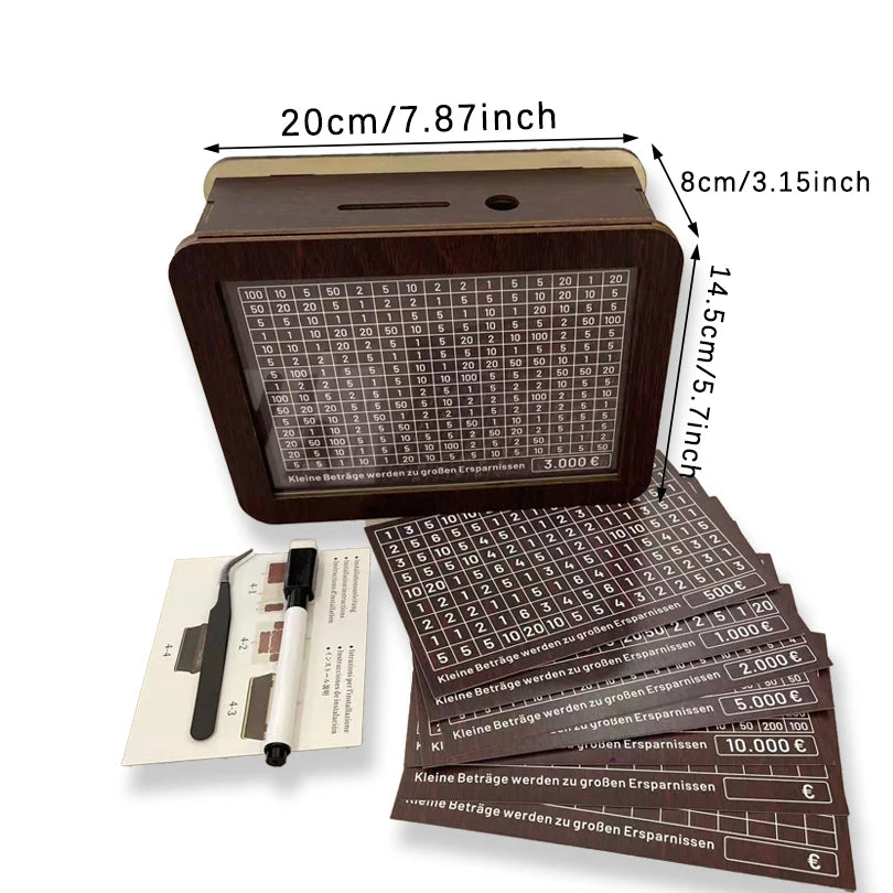 Wooden Money Box Piggy Bank – Cash Saving Treasure Coin Case for 1000/5000/10000 Euro – Encourages Saving Habit