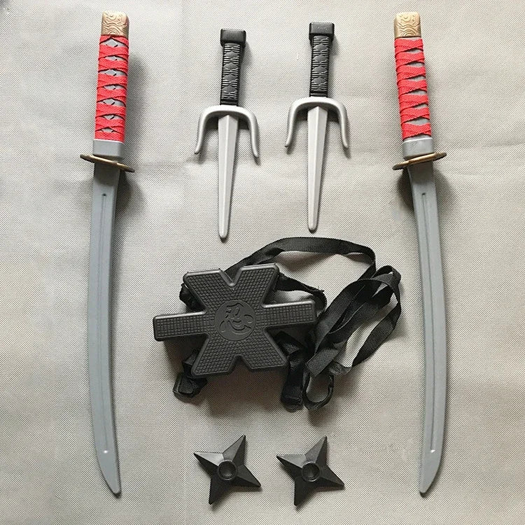 New 56cm Halloween Samurai Ninja Knife Set – 7-Piece Retro Plastic Daggers, Deadpool Cosplay Double Sword Props for Costumes and Toys
