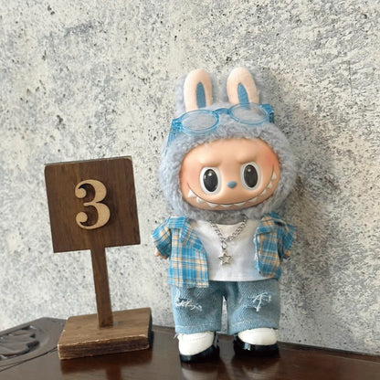 Labubu 17cm Doll Summer Outfit – Cool Shirt & Ripped Jeans Set | Trendy Casual Vinyl Doll Clothes