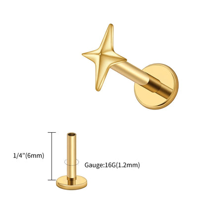 Right Grand ASTM F136 Titanium 16G Four-Pointed Star Cartilage Stud Earring – Helix, Tragus, Flatback Labret & Nose Piercing Jewelry