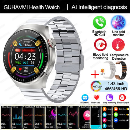 2025 Nursing-Grade Smartwatch — Blood Oxygen, Lipid, Uric Acid, ECG+PPG, Body Temperature & Bluetooth Call Health Tracker