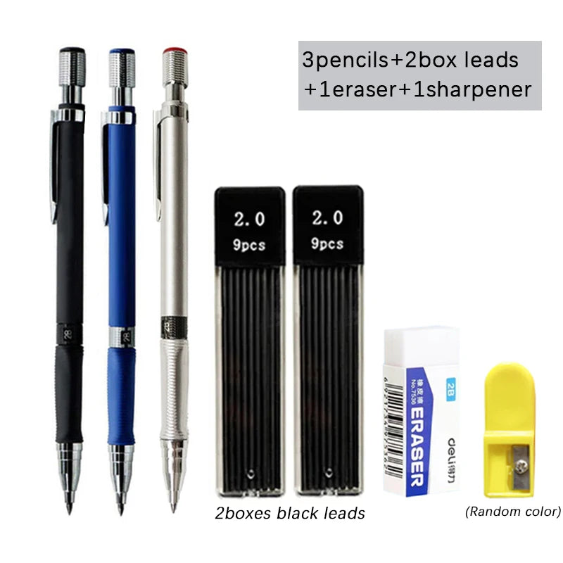2.0mm Mechanical Pencil Set - 2B Black & Color Lead Refills for Writing, Sketching, Drawing & School Art