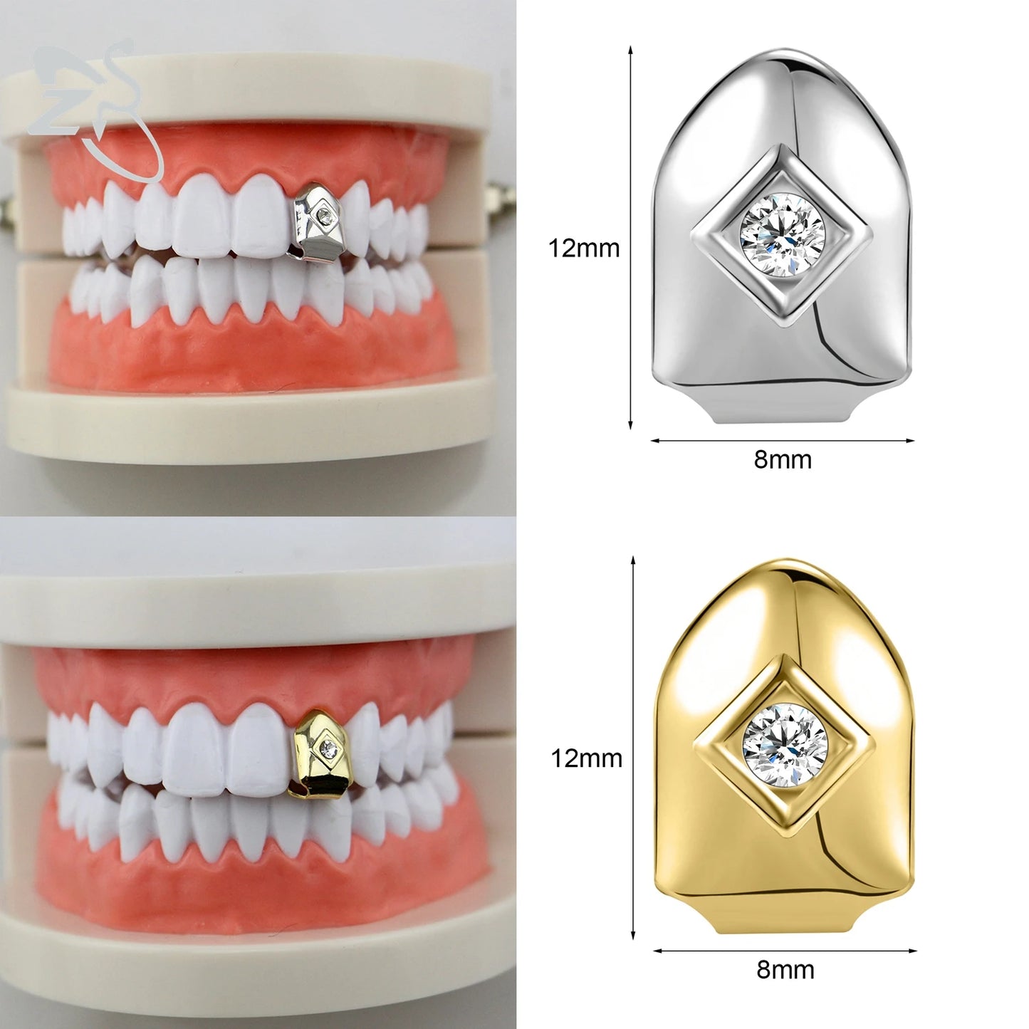 ZS Hip Hop Grillz – Silver/Gold Plated CZ Crystal Cross & Rose Star Tooth Cap, Top & Bottom Set