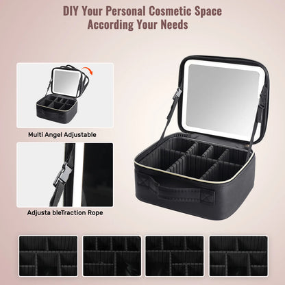 Travel Makeup Bag with LED Mirror — Makeup Train Case with Adjustable Dividers for Home, Gift & Vacation