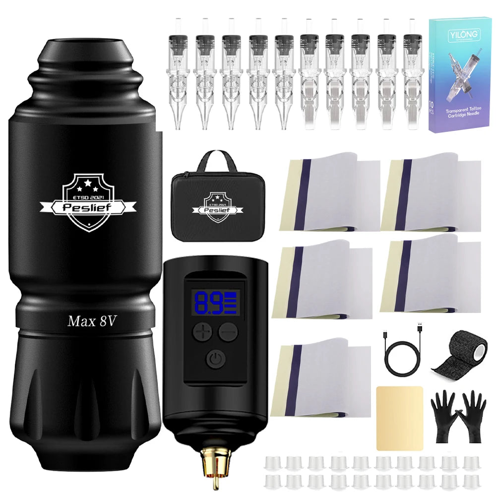Rotary Wireless Tattoo Machine Kit – Complete Set with 10PCS Cartridge Needles, Permanent Makeup Tool for Tattoo Artists