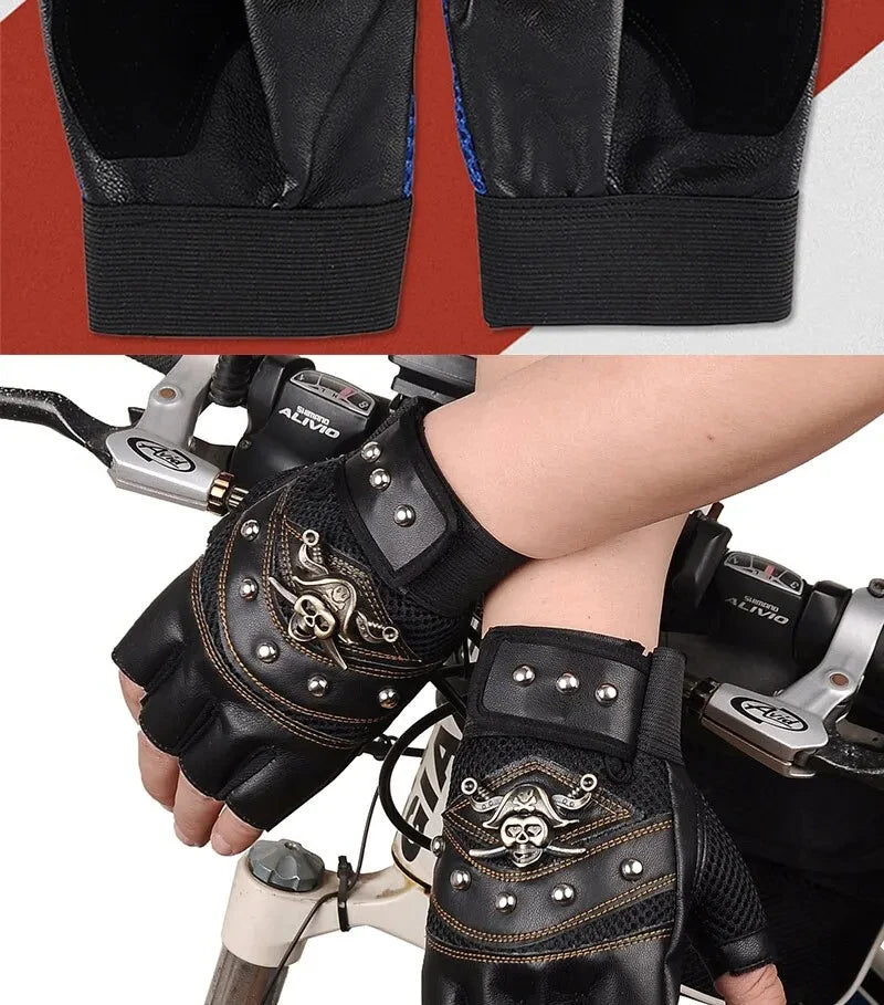 Pirate Skull PU Leather Fingerless Gloves for Men & Women – Hip Hop, Gym, Moto Half-Finger Mitts with Rivets