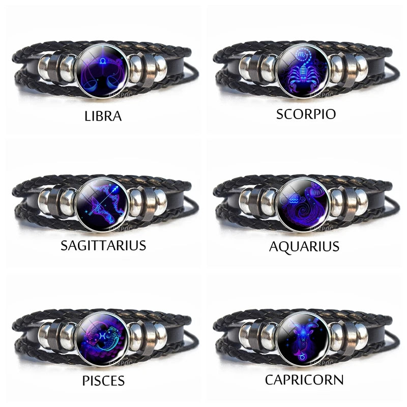 Men’s Zodiac Sign Leather Bracelet | 12 Constellation Black Braided Wrap | Punk Style Multilayer Bracelet for Birthday Gifts