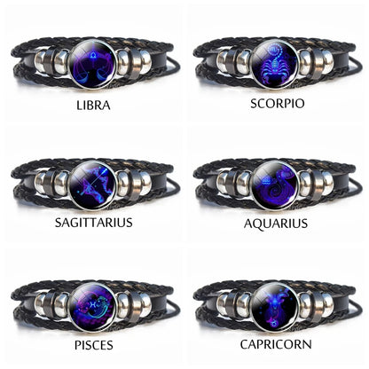 Men’s Zodiac Sign Leather Bracelet | 12 Constellation Black Braided Wrap | Punk Style Multilayer Bracelet for Birthday Gifts