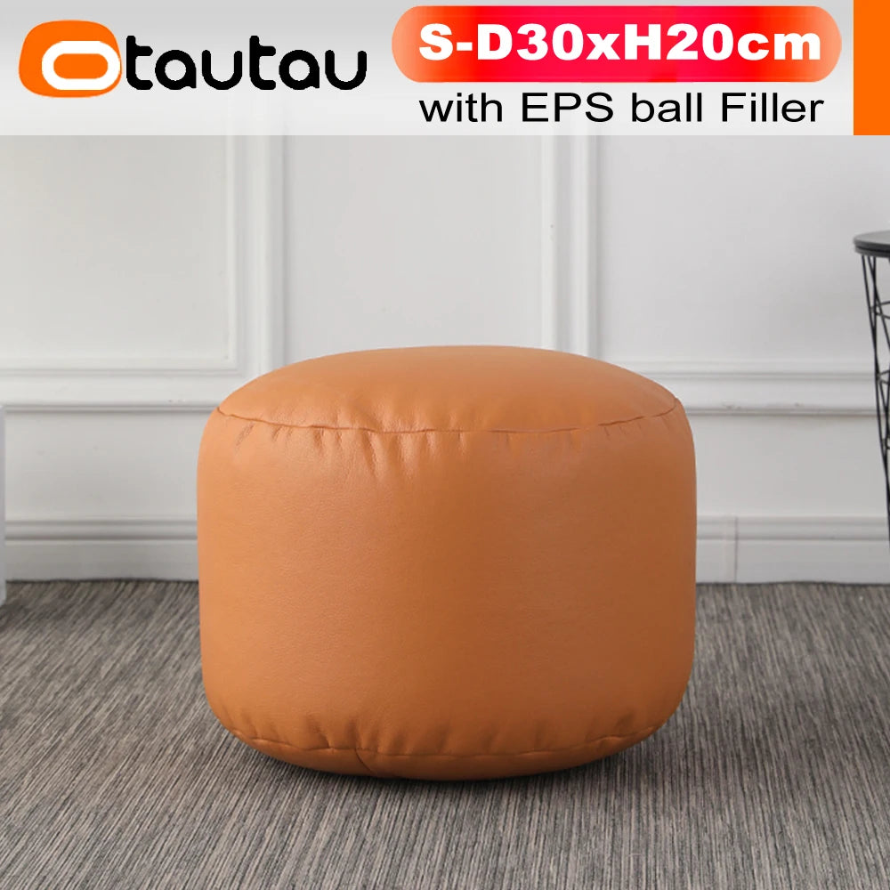 OTAUTAU Small Round Faux Leather Ottoman Stool – Beanbag Pouf Footstool, Floor Seat & Footrest JD004
