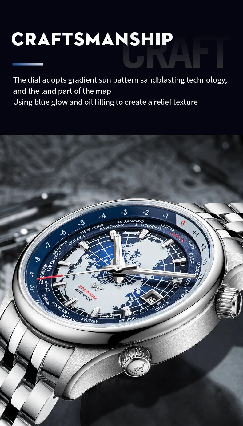 WM Welly Merck Automatic Mechanical Men’s Watch — High-Quality Sapphire, World Time, WM057 Luxury Timepiece