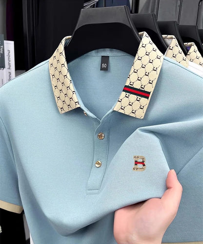 Men's Luxury Color Block Polo Shirt - Embossed Letter Short Sleeve Breathable Summer Fashion Top