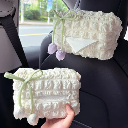 Car Tulip Puff Tissue Box - Creative Hanging Tissue Holder for Car Interior & Armrest