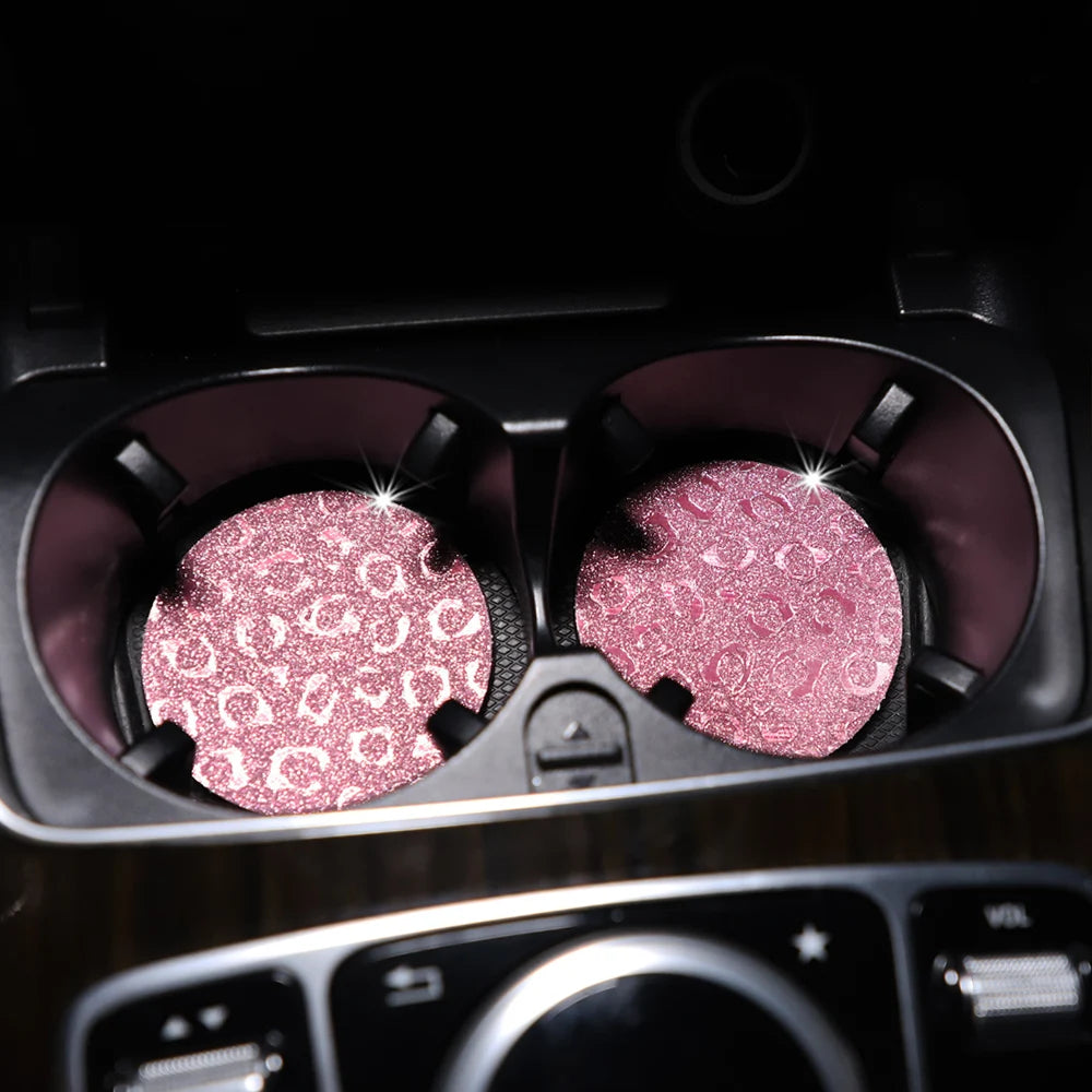 Waterproof Car Cup Holder Set - Glitter Leopard Print TPU Anti-Slip Interior Accessories