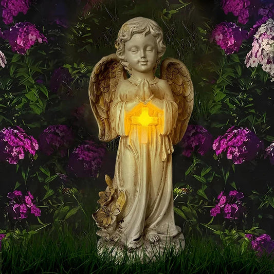 Solar Angel Statue for Garden – Resin Praying Angel Figurine, Cemetery Memorial & Patio Lawn Decoration